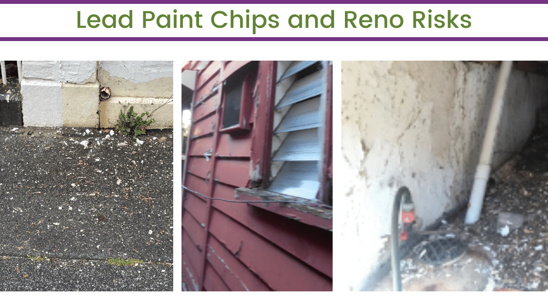 Lead Paint Chips paint on footpath, peeling red paint on side of house, peeling off-white paint at at base of wall with paint chips on the soil